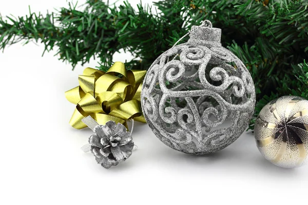 Christmas background with a silver ornament and decorations — Stock Photo, Image