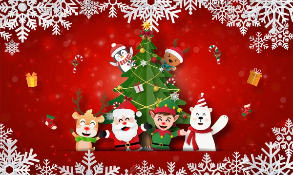 Santa Claus Sus Amigos Con Árbol Navidad Banner Postal Navidad — Vector de stock