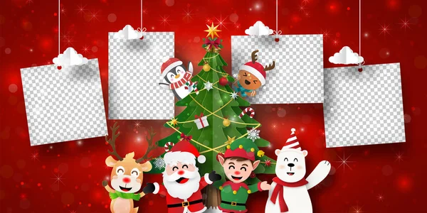 Banner Postal Navidad Santa Claus Amigos Con Marco Fotos — Vector de stock