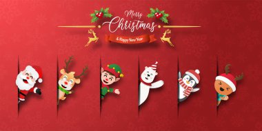 Mutlu Noeller ve mutlu yıllar kağıt kesim tarzında şirin bir Noel karakteri.