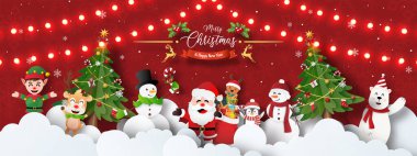 Mutlu Noeller ve mutlu yıllar Noel Baba ve gökyüzündeki arkadaşlarla Noel partisinin afişi.