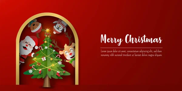 Banner Postal Navidad Santa Claus Amigos Con Árbol Navidad — Vector de stock