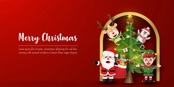 Banner Postal Navidad Santa Claus Amigos Con Árbol Navidad — Archivo Imágenes Vectoriales