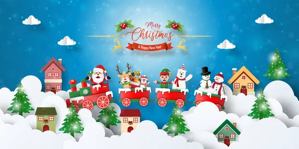 Banner Postal Navidad Del Tren Navidad Con Papá Noel Amigos — Archivo Imágenes Vectoriales