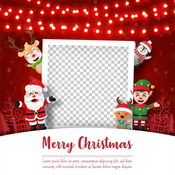 圣诞快乐 新年快乐 圣诞明信片相框与圣诞老人和朋友 纸制艺术风格 — 图库矢量图片