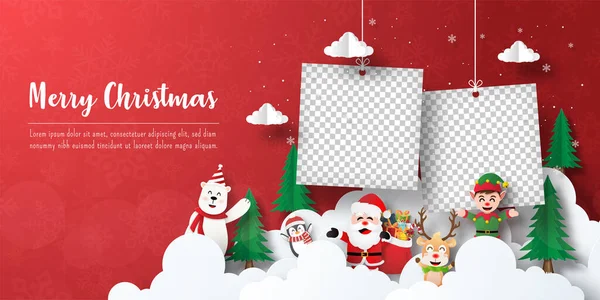 Bannière Carte Postale Noël Cadre Photo Avec Père Noël Ses — Image vectorielle