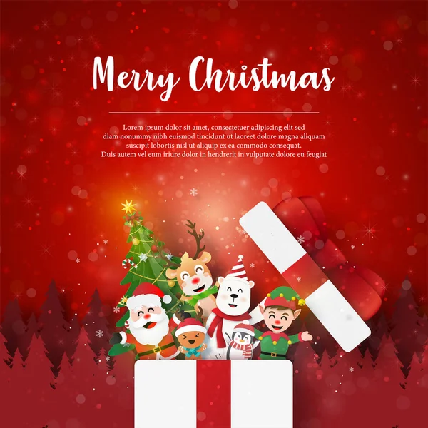 Mutlu Noeller ve mutlu yıllar, Noel Baba ve arkadaşlarıyla birlikte Noel ağacında fotoğraf çerçevesinin Noel kartpostalları, kağıt sanatları tarzı.