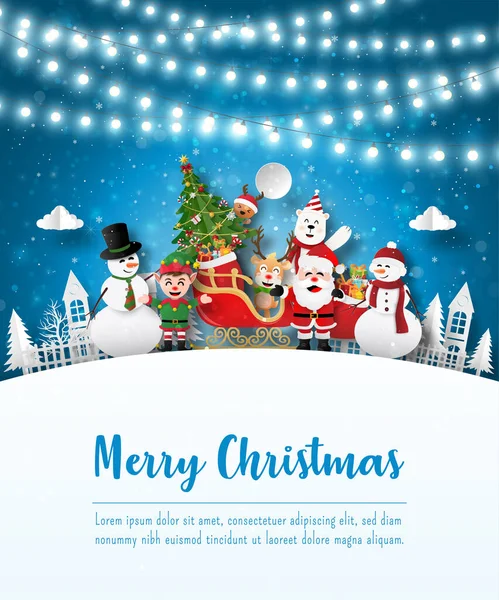 圣诞快乐 新年快乐 圣诞老人和村里朋友的圣诞明信片 造纸业风格 — 图库矢量图片