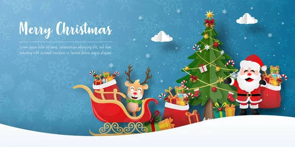 Vrolijk Kerstfeest Gelukkig Nieuwjaar Kerstfeest Met Kerstman Rendieren Banner Achtergrond — Stockvector