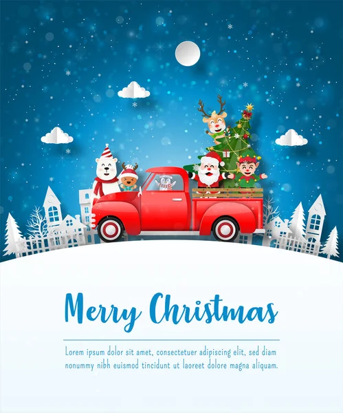 Mutlu Noeller ve mutlu yıllar, Noel Baba 'nın Noel kartı ve köydeki kırmızı arabalı arkadaşı, kağıt sanatları tarzı.