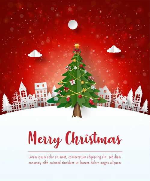 Mutlu Noeller ve mutlu yıllar, köydeki Noel ağacının Noel kartpostalı, kağıt sanatı tarzı.