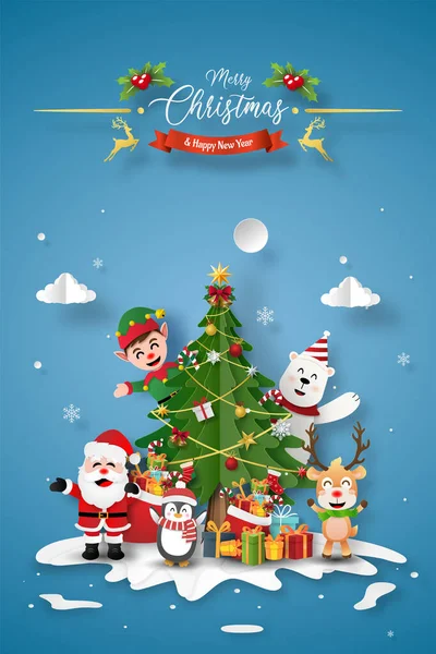 サンタクロースとクリスマスツリー メリークリスマスとハッピーニューイヤーの友人とクリスマスパーティーの紙の芸術 — ストックベクタ