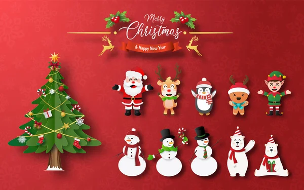 Mutlu Noeller ve mutlu yıllar kağıt kesim tarzında şirin bir Noel karakteri.