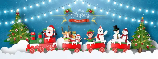 Mutlu Noeller ve mutlu yıllar, Noel Baba ve yılbaşı trenli arkadaşlarla Noel partisinin afişi.