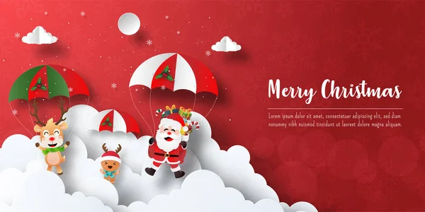 Mutlu Noeller ve mutlu yıllar, Noel Baba ve arkadaşlarının kartpostalları paraşütle atlıyor.