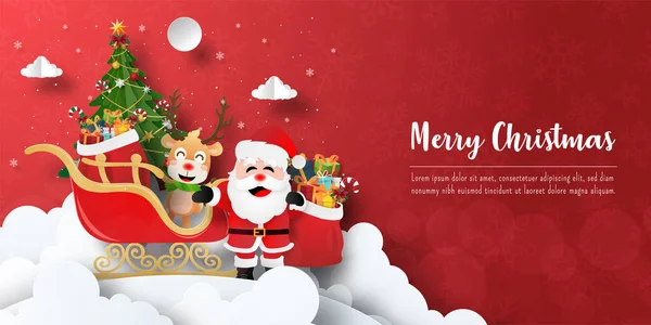 Mutlu Noeller ve mutlu yıllar, Noel Baba ve kızakla dolu ren geyiklerinin bayrağı.
