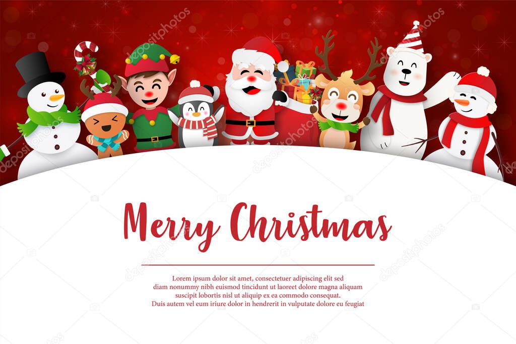 Merry Christmas and Happy New Year, Santa Claus and friends on Christmas postcard