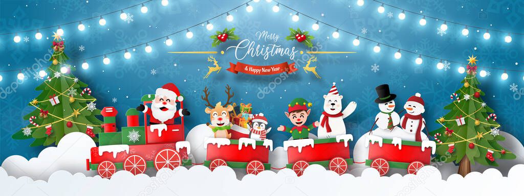 Merry Christmas and Happy New Year, Christmas banner postcard of Christmas party with Santa Claus and friends with Christmas train