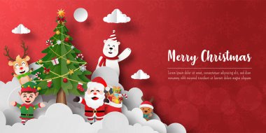 Mutlu Noeller ve mutlu yıllar, Noel Baba ve yılbaşı ağacı arkadaşlarıyla dolu bir kartpostal