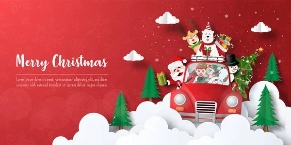 メリークリスマスとハッピーニューイヤー サンタクロースのクリスマスバナーポストカードやクリスマス車の中で友人 — ストックベクタ