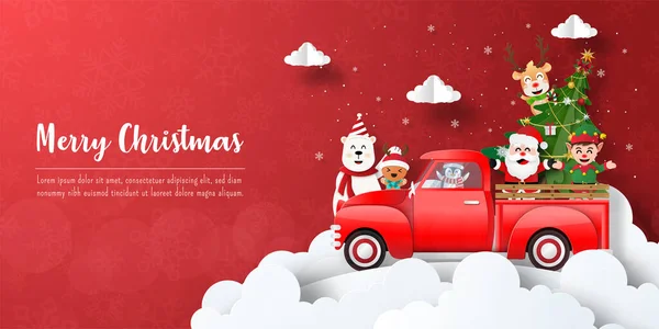メリークリスマスとハッピーニューイヤー サンタクロースのクリスマスバナーのポストカードや赤い車の友人と — ストックベクタ