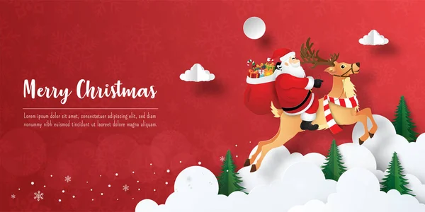 圣诞快乐 新年快乐 圣诞老人和驯鹿的圣诞大旗明信片在天上飘扬 — 图库矢量图片