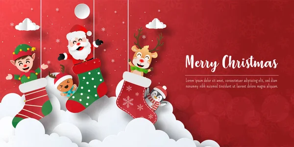 Spanduk Kartu Pos Natal Santa Claus Dan Teman Teman Kaus - Stok Vektor