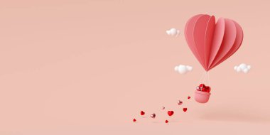 Havada kalp şeklindeki balonun Sevgililer Günü afişi, 3D görüntüleme