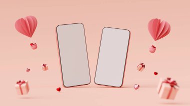 Hediye kutusu ve kalp şeklinde balonu olan akıllı telefonun Sevgililer Günü afişi, 3D görüntüleme