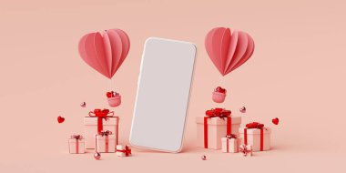 Hediye kutusu ve kalp şeklinde balonu olan akıllı telefonun Sevgililer Günü afişi, 3D görüntüleme