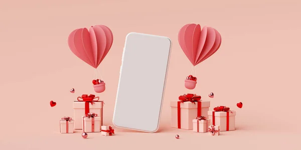 ギフトボックスとハート形の風船でスマートフォンのバレンタインバナーの背景 3Dレンダリング — ストック写真