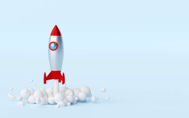 İş kurma konsepti, yerden fırlatılan roket, 3D görüntüleme