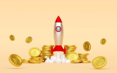 İş kurma konsepti, yerden fırlatılan roket, üç boyutlu para, üç boyutlu tasarım.