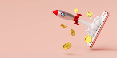Business start-up concept, Rocket launching from smartphone with dollar coin, 3d rendering clipart