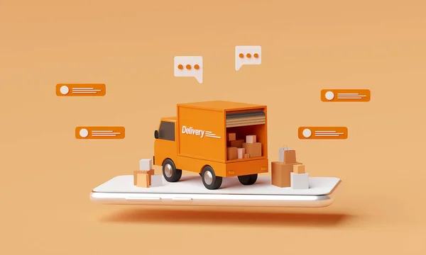 E-ticaret konsepti, mobil uygulama dağıtım hizmeti, kamyonla ulaşım, 3D görüntüleme