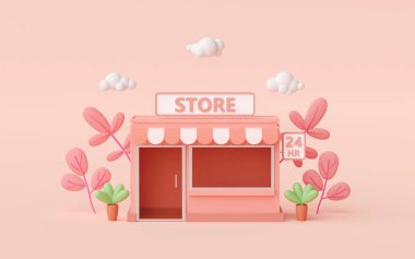 Minimal convenience store building with pink background, 3d illustration