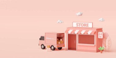 E-commerce concept, Convenience store and delivery service by truck, 3d illustration