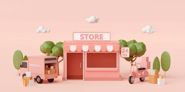 Commerce Concept Convenience Store Delivery Service Scooter Truck Illustration — Stock fotografie