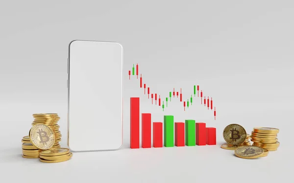 投資コンセプト 株式市場の暗号通貨取引のキャンドルスティックグラフとスマートフォンのモックアップ 3Dレンダリング — ストック写真