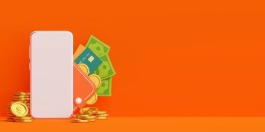 Cep telefonu başvurusunda para cüzdanı, para ödemesi ve çevrimiçi aktarım, 3d illüstrasyon