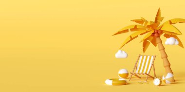 Yaz tatili konsepti, plaj sandalyeleri ve aksesuarları sarı arka planda palmiye ağacının altında, 3D illüstrasyon