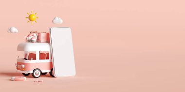 Yaz tatili konsepti, seyahat aksesuarları taşıyan akıllı telefon modeli, otelin restoran bileti rezervasyonu akıllı telefondaki rezervasyon uygulaması, 3D illüstrasyon.