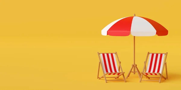 最小限の夏休みのコンセプト 黄色の背景に椅子とビーチ傘 3Dイラスト — ストック写真