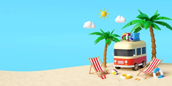 Καλοκαιρινές Διακοπές Έννοια Ταξίδι Στην Παραλία Van Μεταφέρουν Ταξιδιωτικά Αξεσουάρ — Φωτογραφία Αρχείου