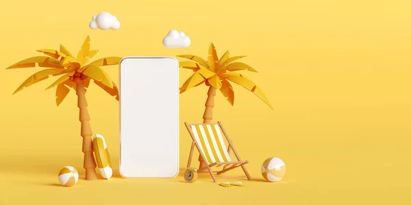 Yaz tatili konsepti, sahil koltuğu ve aksesuarlı akıllı telefon modeli, oteldeki restoran bileti rezervasyonu akıllı telefondaki rezervasyon uygulaması, 3D illüstrasyon