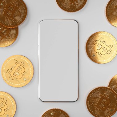 Engelleme zinciri siptopara birimi Bitcoin BTC, akıllı telefon modeliyle, 3d illüstrasyon