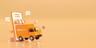 Mobil uygulamada teslimat hizmeti, kamyonla ulaşım hizmeti, 3D illüstrasyon