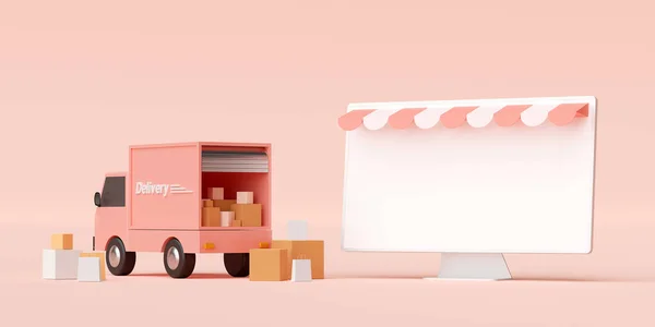 Koncepcja Commerce Zakupy Dostawa Usług Online Transport Ciężarówką Ilustracja — Zdjęcie stockowe