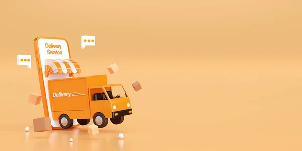 Mobil uygulamada teslimat hizmeti, kamyonla ulaşım hizmeti, 3D illüstrasyon