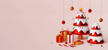 Noel ağacının Noel afişi sahnesi, hediyeler, 3D illüstrasyon